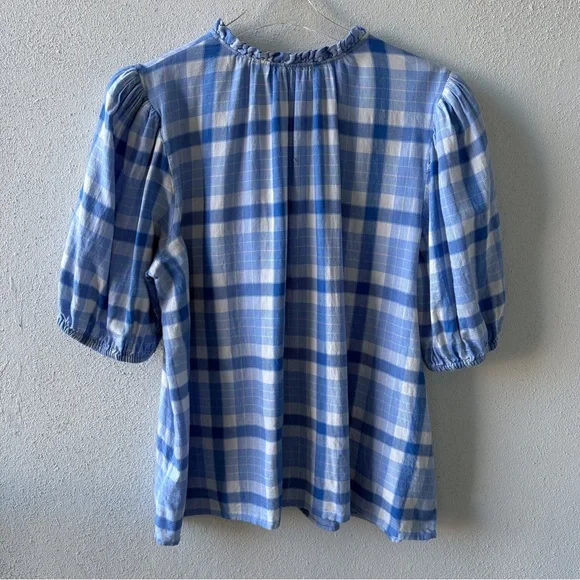 Vineyard Vines XXL Blue Checkered Button Front Short Sleeve Top Ruffle Neck Soft - Picture 3 of 12